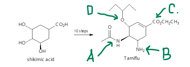 D -
С.
.co,CH,C H3
но,
.CO2H
10 steps
Но-
N.
H
ÕH
NH2
shikimic acid
Tamiflu
