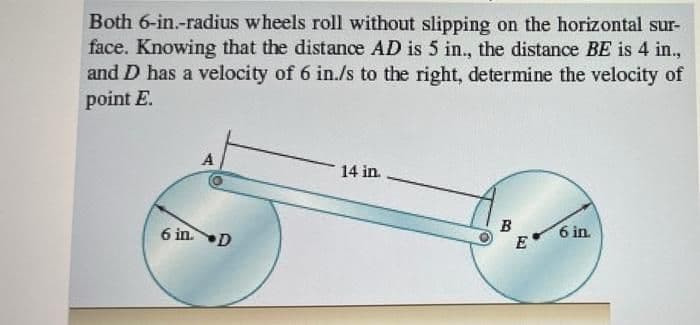 Both 6-in.-radius wheels roll without slipping on the horizontal sur-
face. Knowing that the distance AD is 5 in., the distance BE is 4 in.,
and D has a velocity of 6 in./s to the right, determine the velocity of
point E.
A
14 in.
6 in D
B
6 in.
E

