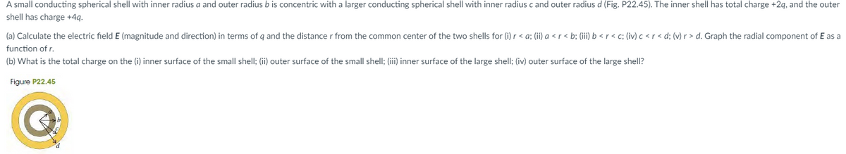 A small conducting spherical shell with inner radius a and outer radius b is concentric with a larger conducting spherical shell with inner radius c and outer radius d (Fig. P22.45). The inner shell has total charge +2q, and the outer
shell has charge +4q.
(a) Calculate the electric field E (magnitude and direction) in terms of q and the distance r from the common center of the two shells for (i) r <a; (ii) a <r < b; (iii) b <r<c; (iv) c<r <d; (v) r > d. Graph the radial component of E as a
function of r.
(b) What is the total charge on the (i) inner surface of the small shell; (ii) outer surface of the small shell; (iii) inner surface of the large shell; (iv) outer surface of the large shell?
Figure P22.45
