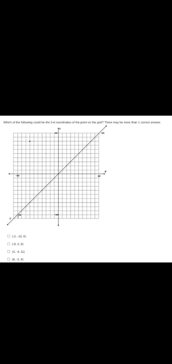 Which of the following could be the 3-d coordinates of the point on the grid? There may be more than 1 correct answer.
O (-2, -10, 6)
O (-8, 0, 8)
O (3, -4, 11)
O (8, -2, 9)
