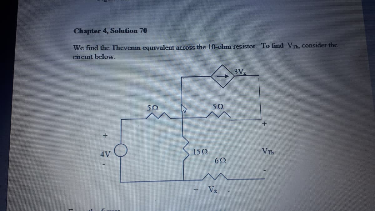 Chapter 4, Solution 70
We find the Thevenin equrvalent across the 10-ohm resistor. To find VTh. consider the
circuit below.
3V,
50
50
150
VTh
4V
62
