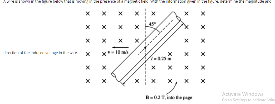 A wire is shown in the figure below that is moving in the presence of a magnetic field. With the information given in the figure, determine the magnitude and
45°
X.
direction of the induced voltage in the wire.
XV = 10 m/s
1 = 0.25 m
Activate Windows
B = 0.2 T, into the page
Go to Settings to activate Wind
XE X
