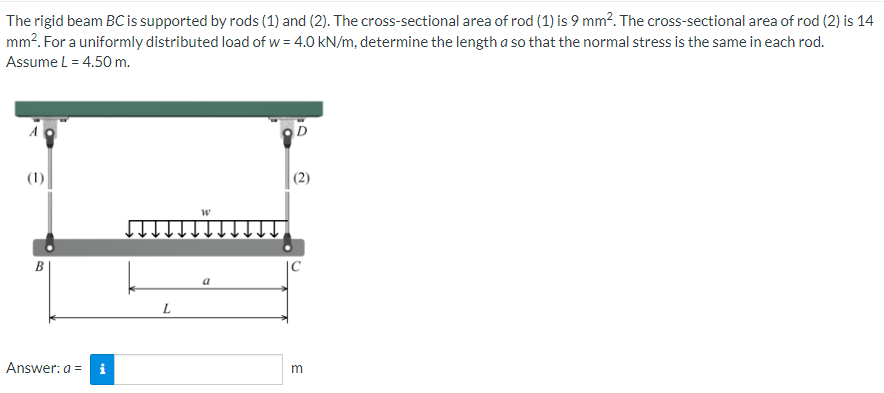 The rigid beam BC is supported by rods (1) and (2). The cross-sectional area of rod (1) is 9 mm². The cross-sectional area of rod (2) is 14
mm². For a uniformly distributed load of w 4.0 kN/m, determine the length a so that the normal stress is the same in each rod.
Assume L = 4.50 m.
(1)
Answer: a =
L
W
a
(2)
m