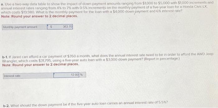 a. Use a two-way data table to show the impact of down payment amounts ranging from $1,000 to $5,000 with $1,000 increments and
annual interest rates ranging from 4% to 7% with 0.5% increments on the monthly payment of a five-year loan for a Honda Civic LX.
which costs $19.980. What is the monthly payment for the loan with a $4,000 down payment and 6% interest rate?
Note: Round your answer to 2 decimal places.
Monthly payment amount
$
Interest rate.
363 70
b-1. If Jared can afford a car payment of $350 a month, what does the annual interest rate need to be in order to afford the AWD Jeep
Wrangler, which costs $31,795, using a five-year auto loan with a $3,000 down payment? (Report in percentage)
Note: Round your answer to 2 decimal places.
12:00 %
b-2. What should the down payment be if the five-year auto loan carries an annual interest rate of 5.5%?