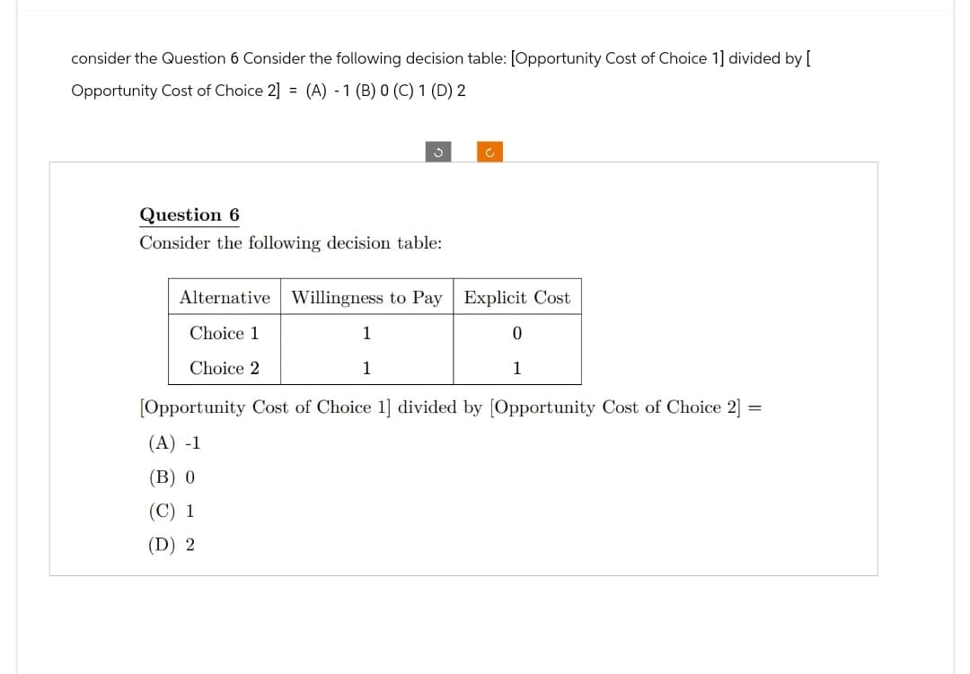 consider the Question 6 Consider the following decision table: [Opportunity Cost of Choice 1] divided by [
Opportunity Cost of Choice 2] = (A) -1 (B) 0 (C) 1 (D) 2
Question 6
Consider the following decision table:
Alternative Willingness to Pay Explicit Cost
Choice 1
Choice 2
1
1
0
1
[Opportunity Cost of Choice 1] divided by [Opportunity Cost of Choice 2]
=
(A) -1
(B) 0
(C) 1
(D) 2