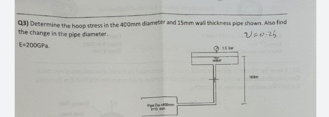 Q3) Determine the hoop stress in the 400mm diameter and 15mm wall thickness pipe shown. Also find
the change in the pipe diameter.
U=0-25
E=200GPA.
O 15 bar
water
100m
Ppe Dia 400mm
=15 mm
