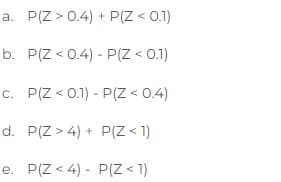 a.
b.
c.
d.
e.
P(Z > 0.4) + P(Z < 0.1)
P(Z <0.4) - P(Z < 0.1)
P(Z < 0.1) - P(Z < 0.4)
P(Z > 4) +
P(Z < 1)
P(Z <4) - P(Z < 1)
