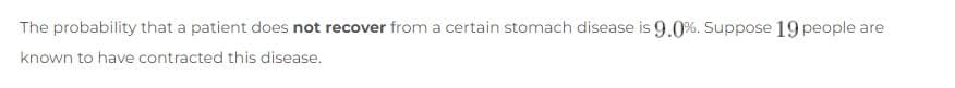 The probability that a patient does not recover from a certain stomach disease is 9.0%. Suppose 19 people are
known to have contracted this disease.