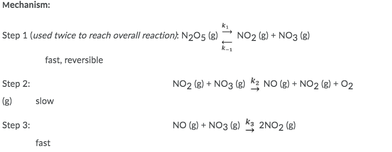 Mechanism:
Step 1 (used twice to reach overall reaction): N205 (g)
NO2 (g) + NO3 (g)
fast, reversible
Step 2:
NO2 (g) + NO3 (g) k2 NO (g) + NO2 (8) + O2
(g)
slow
Step 3:
NO (g) + NO3 (g) *3 2NO2 (g)
fast
