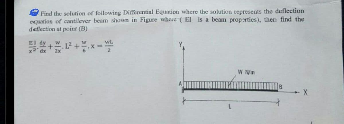Find the solution of following Differential Equation where the solution represents the deflection
equation of cantilever beam shown in Figure where (EI is a beam properties), then find the
deflection at point (B)
El dy
W
WL
.L² + 1/ 6.
+*.x=W/2²
x2 dx
2x
2
W N/m
A
L