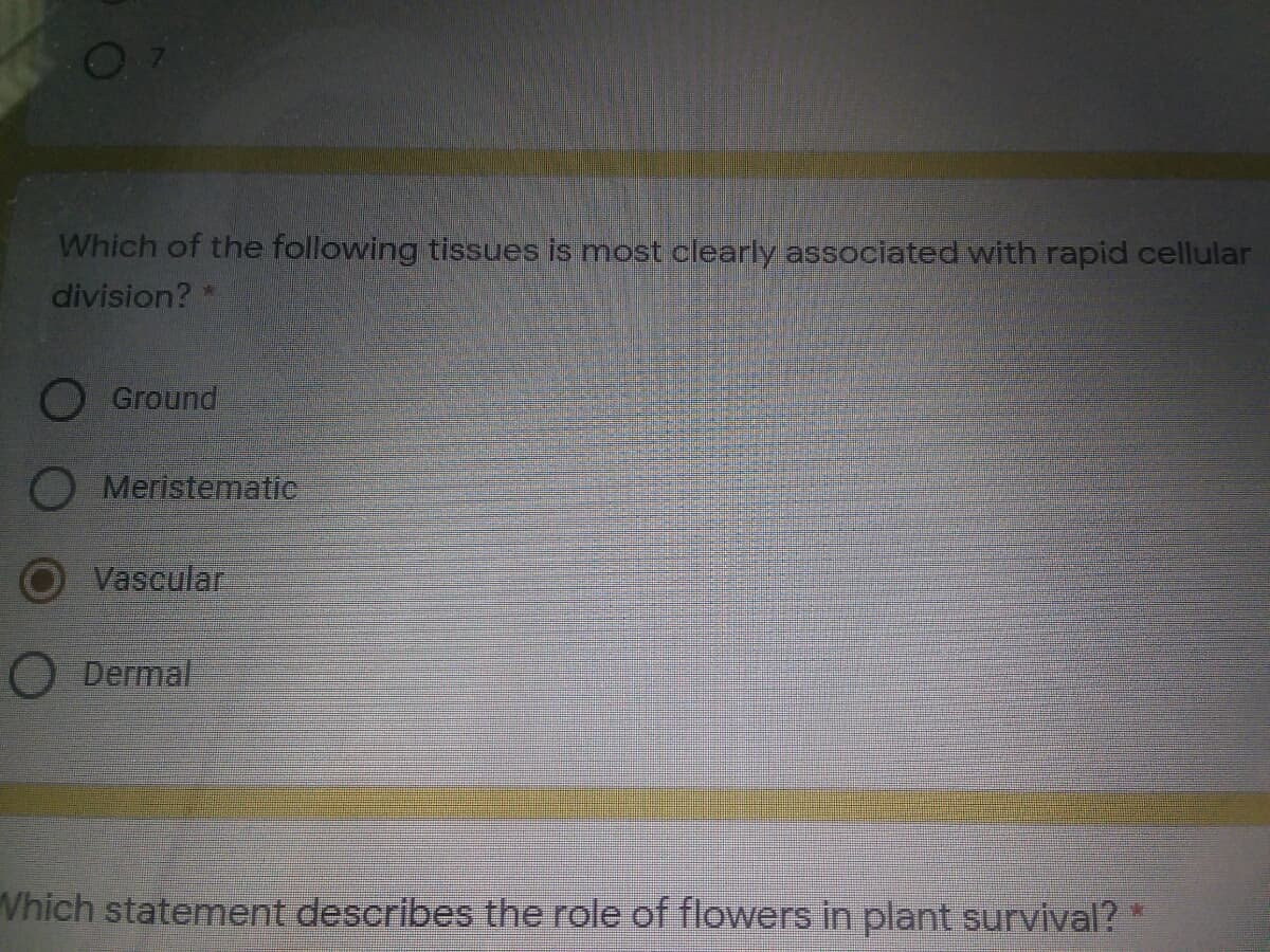 Which of the following tissues is most clearly associated with rapid cellular
division? *
O Ground
O Meristematic
Vascular
Dermal
Which statement describes the role of flowers in plant survival? *
