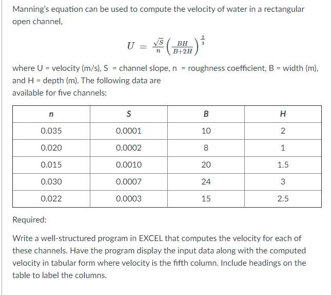 Manning's equation can be used to compute the velocity of water in a rectangular
open channel,
U
BH
B+2H
where U = velocity (m/s), S = channel slope, n = roughness coefficient, B = width (m),
and H = depth (m). The following data are
available for five channels:
S
B
0.035
0.0001
10
0.020
0.0002
8
1
0.015
0.0010
20
1.5
0.030
0.0007
24
3
0.022
0.0003
15
2.5
Required:
Write a well-structured program in EXCEL that computes the velocity for each of
these channels. Have the program display the input data along with the computed
velocity in tabular form where velocity is the fifth column. Include headings on the
table to label the columns.
2.
