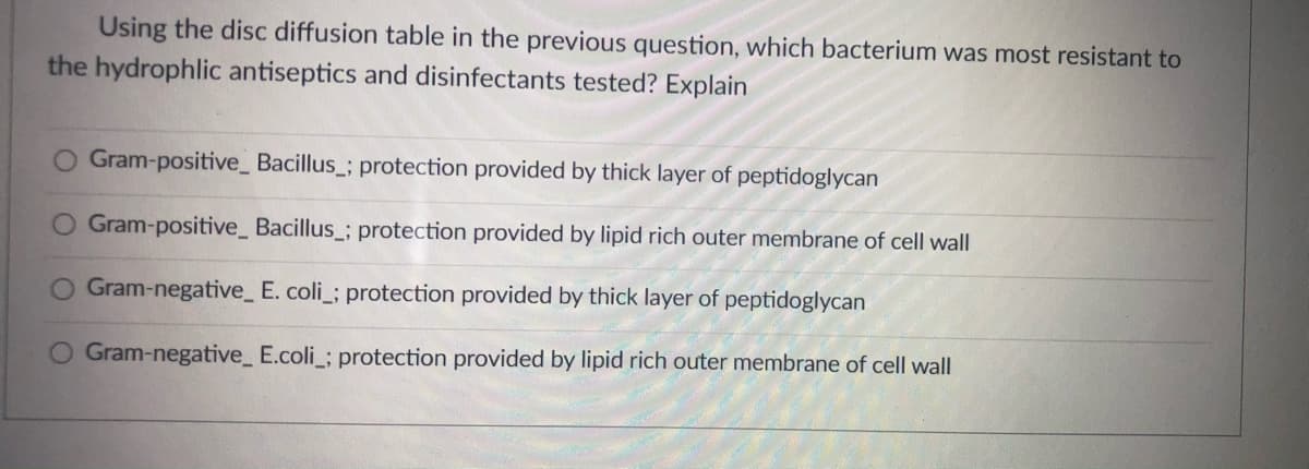 Using the disc diffusion table in the previous question, which bacterium was most resistant to
the hydrophlic antiseptics and disinfectants tested? Explain
Gram-positive_ Bacillus_; protection provided by thick layer of peptidoglycan
Gram-positive_ Bacillus ; protection provided by lipid rich outer membrane of cell wall
Gram-negative_ E. coli_; protection provided by thick layer of peptidoglycan
O Gram-negative_ E.coli_; protection provided by lipid rich outer membrane of cell wall
