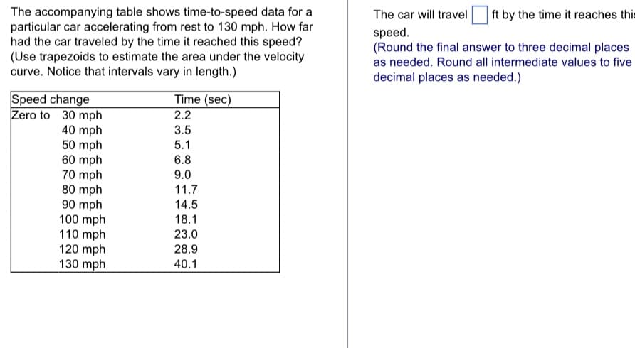 The accompanying table shows time-to-speed data for a
particular car accelerating from rest to 130 mph. How far
had the car traveled by the time it reached this speed?
(Use trapezoids to estimate the area under the velocity
curve. Notice that intervals vary in length.)
Speed change
Zero to 30 mph
40 mph
50 mph
60 mph
70 mph
80 mph
90 mph
100 mph
110 mph
120 mph
130 mph
Time (sec)
2.2
3.5
5.1
6.8
9.0
11.7
14.5
18.1
23.0
28.9
40.1
The car will travel ft by the time it reaches this
speed.
(Round the final answer to three decimal places
as needed. Round all intermediate values to five
decimal places as needed.)