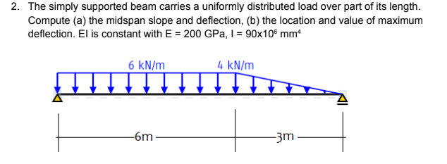 2. The simply supported beam carries a uniformly distributed load over part of its length.
Compute (a) the midspan slope and deflection, (b) the location and value of maximum
deflection. El is constant with E = 200 GPa, I = 90x10° mm*
6 kN/m
4 kN/m
-6m-
-3m
