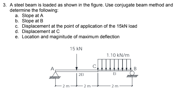 3. A steel beam is loaded as shown in the figure. Use conjugate beam method and
determine the following:
a. Slope at A
b. Slope at B
c. Displacement at the point of application of the 15kN load
d. Displacement at C
e. Location and maginitude of maximum deflection
15 kN
1.10 kN/m
В
2EI
El
2 m
2 m
2 m
