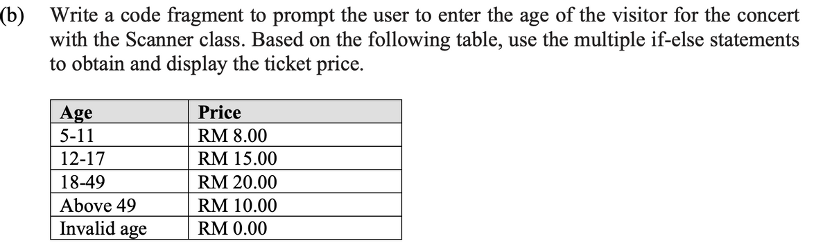 (b) Write a code fragment to prompt the user to enter the age of the visitor for the concert
with the Scanner class. Based on the following table, use the multiple if-else statements
to obtain and display the ticket price.
Age
5-11
12-17
18-49
Above 49
Invalid age
Price
RM 8.00
RM 15.00
RM 20.00
RM 10.00
RM 0.00