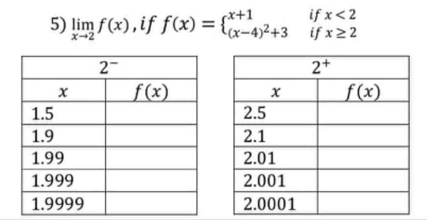 if x<2
5) lim f(x), if f(x) = {(x-4)²+3 if x22
p*+1
X→2
2-
2+
f(x)
f(x)
1.5
2.5
1.9
2.1
1.99
2.01
1.999
2.001
1.9999
2.0001
