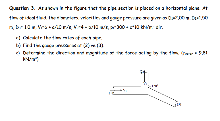 Question 3. As shown in the figure that the pipe section is placed on a horizontal plane. At
flow of ideal fluid, the diameters, velocities and gauge pressure are given as Dı=2.00 m, D2=1.50
m, D3= 1.0 m, V1=6 + a/10 m/s, V2=4 + b/10 m/s, pı=300 + c*10 kN/m² dir.
a) Calculate the flow rates of each pipe.
b) Find the gauge pressures at (2) ve (3).
c) Determine the direction and magnitude of the force acting by the flow. (ywater = 9,81
kN/m³)
120
VI
