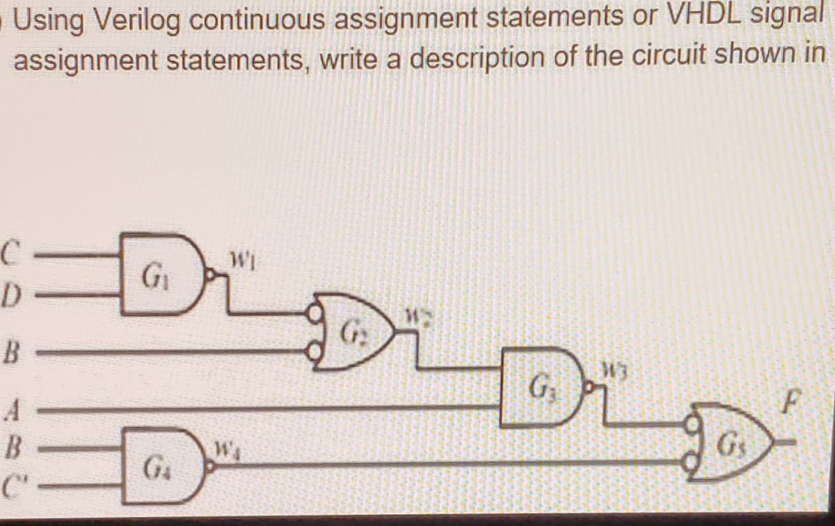 Using Verilog continuous assignment statements or VHDL signal
assignment statements, write a description of the circuit shown in
Wi
Gi
B
W3
A
B
Gs
G4
C"
