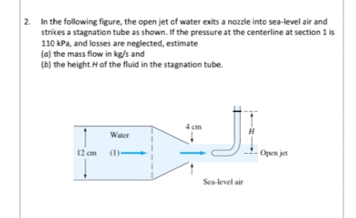 2. In the following figure, the open jet af water exits a nozzle into sea-level air and
strikes a stagnation tube as shown. If the pressure at the centerline at section 1 is
110 kPa, and losses are neglected, estimate
(a) the mass flow in kg/s and
(b) the height H of the fluid in the stagnation tube.
4 cm
Water
12 cm (1)-
- Open jet
Sea-level air

