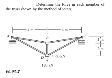 Determine the force in each member of
the truss shown by the method of joints.
4 m
4 m
B
1m
2 m
60 kN
120 kN
FIG. P4.7

