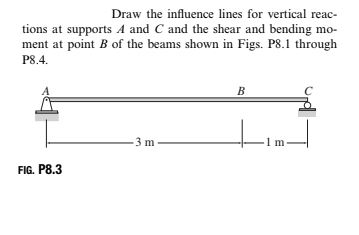Draw the influence lines for vertical reac-
tions at supports A and C and the shear and bending mo-
ment at point B of the beams shown in Figs. P8.1 through
P8.4.
B
3 m
1 m
FIG. P8.3
