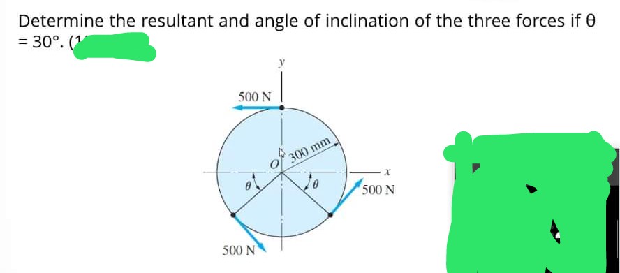 Determine the resultant and angle of inclination of the three forces if 0
= 30°. (1
500 N
O300 mm
500 N
500 N
