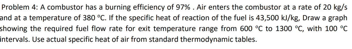 Problem 4: A combustor has a burning efficiency of 97%. Air enters the combustor at a rate of 20 kg/s
and at a temperature of 380 °C. If the specific heat of reaction of the fuel is 43,500 kJ/kg, Draw a graph
showing the required fuel flow rate for exit temperature range from 600 °C to 1300 °C, with 100 °C
intervals. Use actual specific heat of air from standard thermodynamic tables.