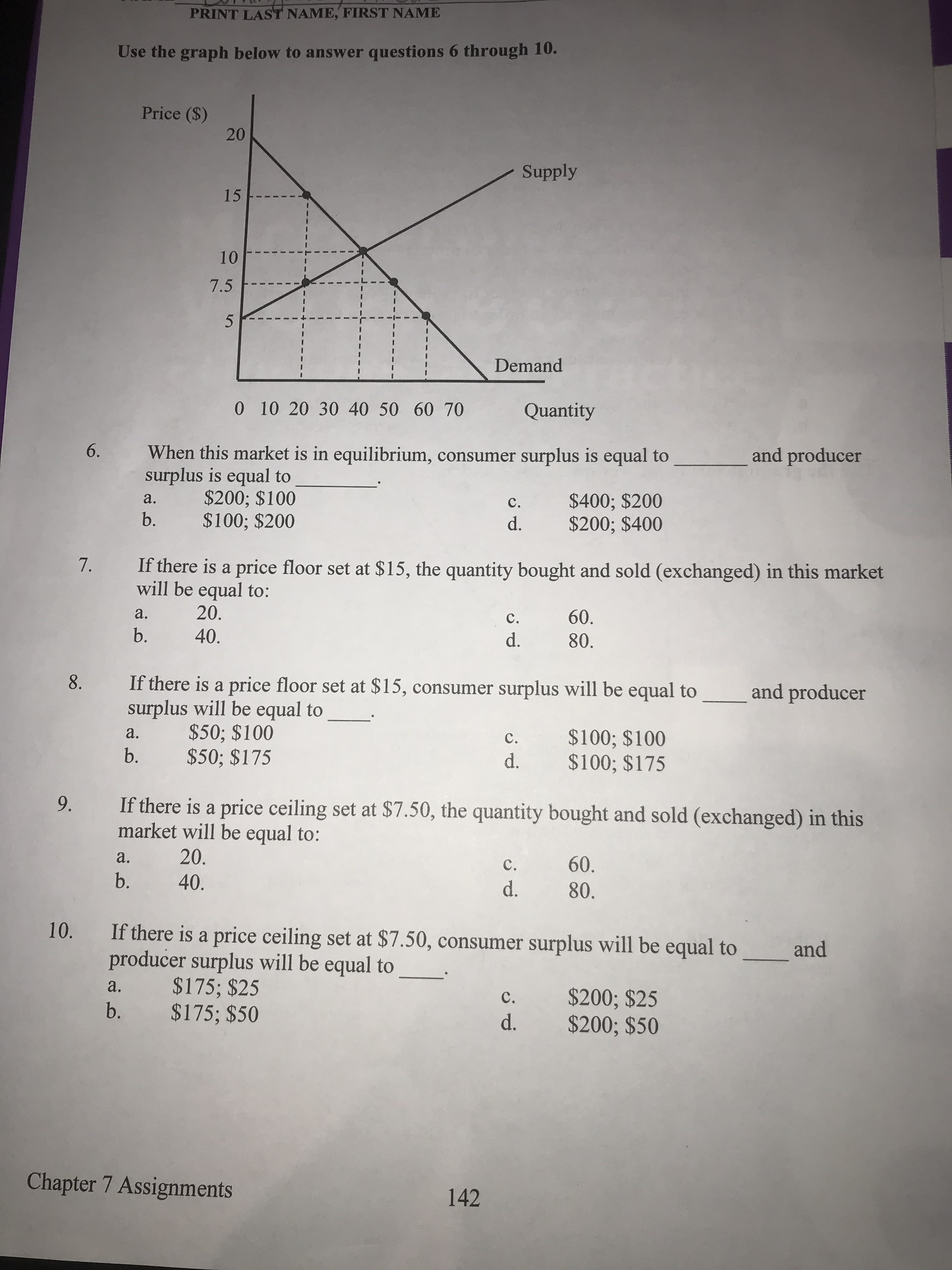 PRINT LAST NAME, FIRST NAME
Use the graph below to answer questions 6 through 10.
Price (S)
Supply
15
10
7.5
5
Demand
0 10 20 30 40 50 60 70
Quantity
When this market is in equilibrium, consumer surplus is equal to
surplus is equal
6.
and producer
$200; $100
$400; $200
$200; $400
а.
с.
b. $100; $200
d.
If there is a price floor set at $15, the quantity bought and sold (exchanged) in this market
will be equal to:
7.
20.
а.
60.
с.
b.
40.
80
d.
If there is a price floor set at $15, consumer surplus will be equal to
8.
and producer
surplus will be equal to
$50; $100
$50; $175
а.
$100; $100
$100; $175
с.
b.
d.
If there is a price ceiling set at $7.50, the quantity bought and sold (exchanged) in this
market will be equal to:
9.
20.
а.
60.
с.
b.
40.
d.
80.
10.
If there is a price ceiling set at $7.50, consumer surplus will be equal to
producer surplus will be equal to
$175; $25
$175; $50
and
а.
$200; $25
$200; $50
с.
b.
d.
Chapter 7 Assignments
142
20
