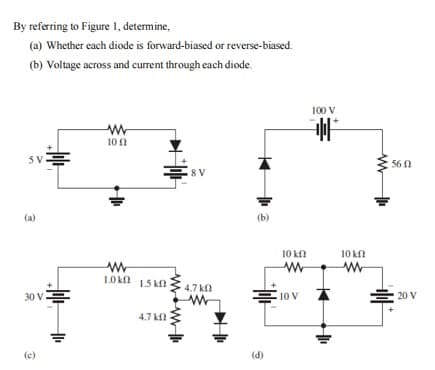 By referring to Figure 1, determine,
(a) Whether each diode is forward-biased or reverse-biased.
(b) Voltage across and current through each diode.
SV
3
30 V 등
(c)
ww
10 Ω
www
1.0km 1.5km
4.7 k
SV
4.7 k
(b)
(d)
10 k
ww
10 V
100 V
4₁₁
10 k
www
56 f
20 V