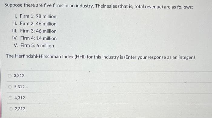Suppose there are five firms in an industry. Their sales (that is, total revenue) are as follows:
I. Firm 1: 98 million.
II. Firm 2: 46 million
III. Firm 3: 46 million
IV. Firm 4: 14 million.
V. Firm 5: 6 million
The Herfindahl-Hirschman Index (HHI) for this industry is (Enter your response as an integer.)
3,312
5,312
4,312
2,312