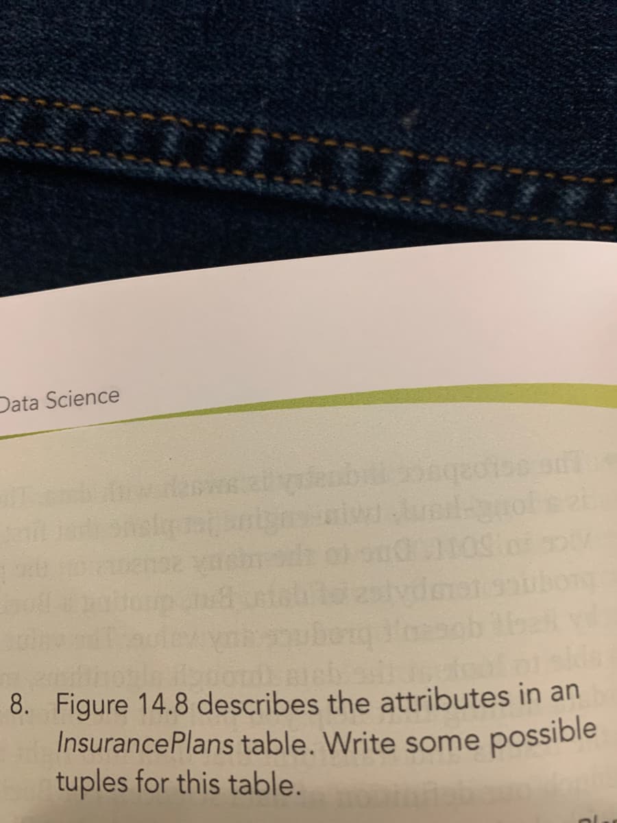 Data Science
8. Figure 14.8 describes the attributes in an
InsurancePlans table. Write some possible
tuples for this table.
