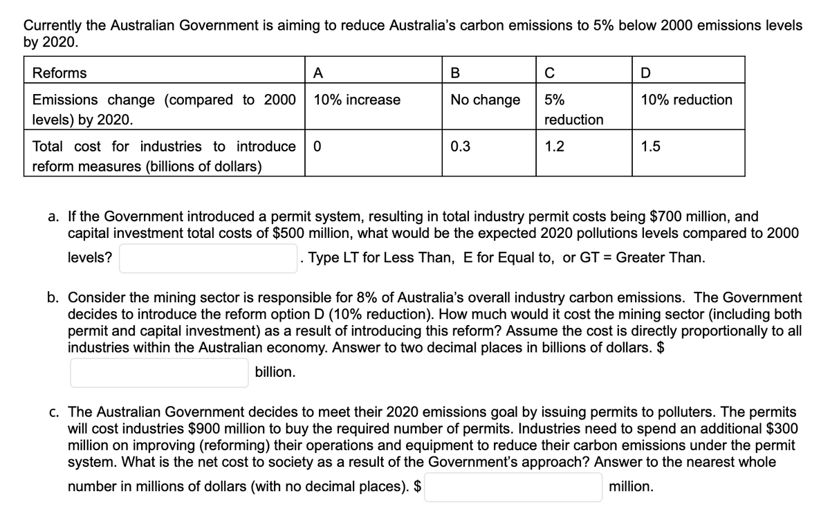 Currently the Australian Government is aiming to reduce Australia's carbon emissions to 5% below 2000 emissions levels
by 2020.
Reforms
A
Emissions change (compared to 2000 10% increase
levels) by 2020.
Total cost for industries to introduce 0
reform measures (billions of dollars)
B
No change
0.3
с
5%
reduction
1.2
D
10% reduction
1.5
a. If the Government introduced a permit system, resulting in total industry permit costs being $700 million, and
capital investment total costs of $500 million, what would be the expected 2020 pollutions levels compared to 2000
levels?
. Type LT for Less Than, E for Equal to, or GT = Greater Than.
b. Consider the mining sector is responsible for 8% of Australia's overall industry carbon emissions. The Government
decides to introduce the reform option D (10% reduction). How much would it cost the mining sector (including both
permit and capital investment) as a result of introducing this reform? Assume the cost is directly proportionally to all
industries within the Australian economy. Answer to two decimal places in billions of dollars. $
billion.
c. The Australian Government decides to meet their 2020 emissions goal by issuing permits to polluters. The permits
will cost industries $900 million to buy the required number of permits. Industries need to spend an additional $300
million on improving (reforming) their operations and equipment to reduce their carbon emissions under the permit
system. What is the net cost to society as a result of the Government's approach? Answer to the nearest whole
number in millions of dollars (with no decimal places). $
million.