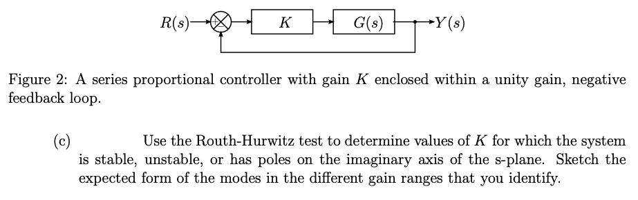 R(s)–
K
G(s)
-Y(s)
Figure 2: A series proportional controller with gain K enclosed within a unity gain, negative
feedback loop.
(c)
is stable, unstable, or has poles on the imaginary axis of the s-plane. Sketch the
expected form of the modes in the different gain ranges that you identify.
Use the Routh-Hurwitz test to determine values of K for which the system
