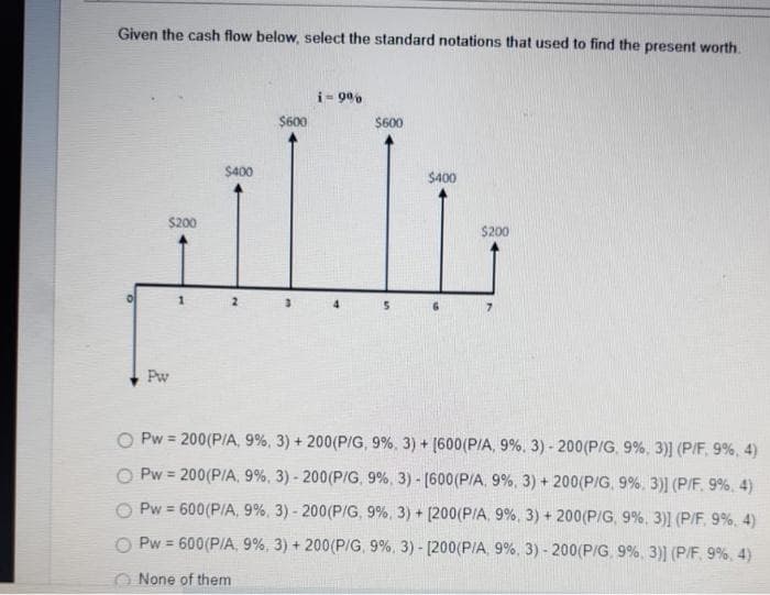 Given the cash flow below, select the standard notations that used to find the present worth.
i- 99%
$600
$600
$400
$400
$200
$200
Pw
Pw = 200(PIA, 9%, 3) + 200(P/G, 9%, 3) + [600(P/A, 9%, 3) - 200(PIG, 9%, 3)] (P/F, 9%, 4)
Pw = 200(P/A, 9%, 3) - 200(P/G, 9%, 3) - [600(P/A, 9%, 3) + 200(P/G, 9%. 3)] (P/F, 9%, 4)
Pw = 600(P/A, 9%, 3) - 200(P/G, 9%, 3) + [200(P/A, 9%, 3) + 200(P/G, 9%. 3)] (P/F, 9%, 4)
Pw = 600(P/A, 9%, 3) + 200(P/G, 9%, 3) - [200(PIA, 9%, 3) - 200(P/G. 9%, 3)] (P/F, 9%, 4)
None of them
