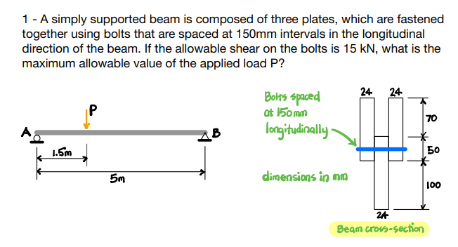 1- A simply supported beam is composed of three plates, which are fastened
together using bolts that are spaced at 150mm intervals in the longitudinal
direction of the beam. If the allowable shear on the bolts is 15 kN, what is the
maximum allowable value of the applied load P?
24 24
Bolts spaced
at 150 mam
P
70
longitudinally -
1.5m
Бо
5m
dimensions in mm
00
24
Beam crovs-section
