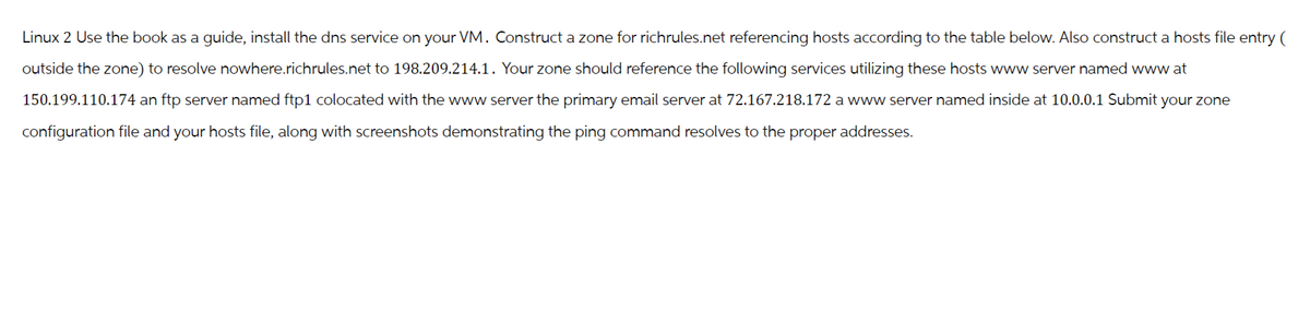 Linux 2 Use the book as a guide, install the dns service on your VM. Construct a zone for richrules.net referencing hosts according to the table below. Also construct a hosts file entry (
outside the zone) to resolve nowhere.richrules.net to 198.209.214.1. Your zone should reference the following services utilizing these hosts www server named www.at
150.199.110.174 an ftp server named ftp1 colocated with the www server the primary email server at 72.167.218.172 a www server named inside at 10.0.0.1 Submit
configuration file and your hosts file, along with screenshots demonstrating the ping command resolves to the proper addresses.