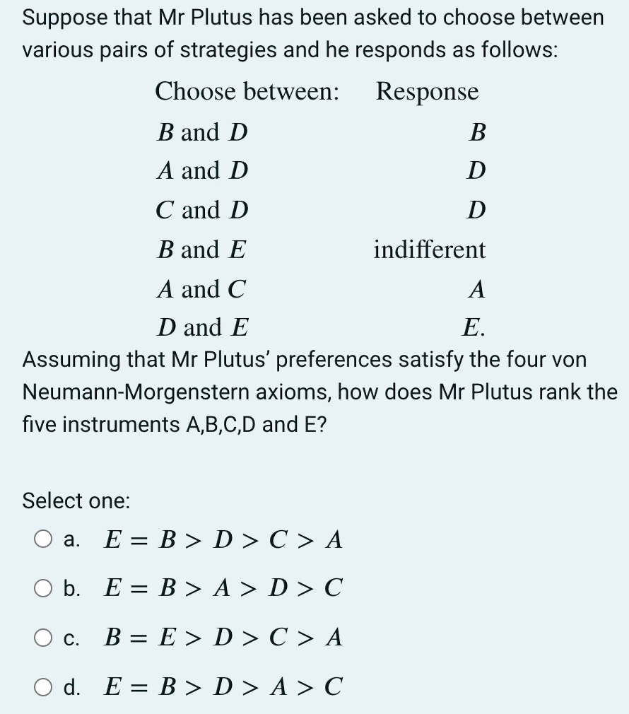 Suppose that Mr Plutus has been asked to choose between
various pairs of strategies and he responds as follows:
Choose between:
Response
B and D
В
A and D
C and D
D
B and E
indifferent
A and C
A
D and E
Е.
Assuming that Mr Plutus' preferences satisfy the four von
Neumann-Morgenstern axioms, how does Mr Plutus rank the
five instruments A,B,C,D and E?
Select one:
E = B > D > C > A
а.
||
O b. E = B > A > D > C
Ос.
B = E > D > C > A
O d. E = B > D > A > C
%3D

