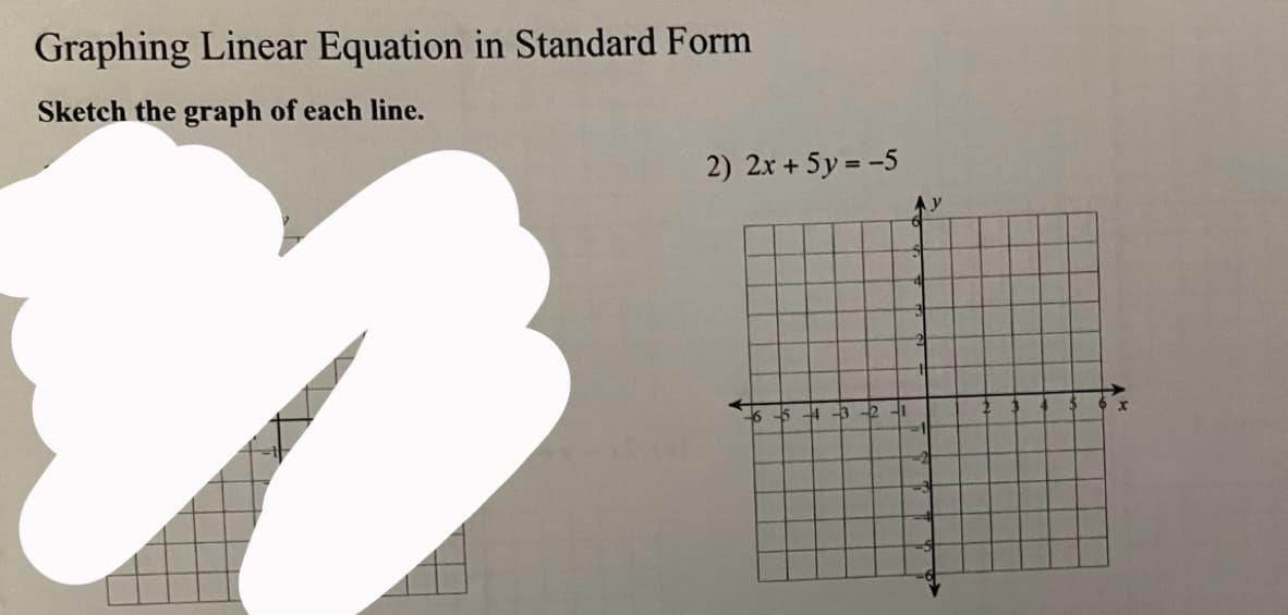 Graphing Linear Equation in Standard Form
Sketch the graph of each line.
2) 2x + 5y = -5
$ 4-3-2-1
-21