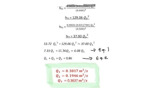 h₂=
0.0826 (0.02)(800) Q₂²
(0.400)
h2=129.06 0₂²
0.0826 (0.02)(700) 0,²
(0.500)
hrs = 37.00 Q₂²
53.72 Q₁²=129.06 Q₂² = 37.00 Q₂²
7.33 Q₁ = 11.36Q₂ = 6.08 Q₁ → Eq.)
Q₁ Q₂ +Q30.86
→E 9.2
h =
Q₁ = 0.3017 m³/s
Q2 = 0.1946 m³/s
Q3 = 0.3637 m³/s