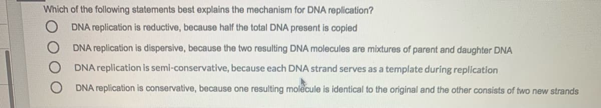 Which of the following statements best explains the mechanism for DNA replication?
DNA replication is reductive, because half the total DNA present is copied
DNA replication is dispersive, because the two resulting DNA molecules are mixtures of parent and daughter DNA
DNA replication is semi-conservative, because each DNA strand serves as a template during replication
DNA replication is conservative, because one resulting molecule is identical to the original and the other consists of two new strands
