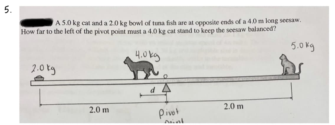 A 5.0 kg cat and a 2.0 kg bowl of tuna fish are at opposite ends of a 4.0 m long seesaw.
How far to the left of the pivot point must a 4.0 kg cat stand to keep the seesaw balanced?
5.0 kg
4.0kg
2.0 kg
d A
2.0 m
2.0 m
Pivot
Anint
5.
