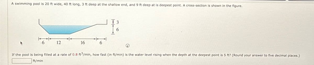 A swimming pool is 20 ft wide, 40 ft long, 3 ft deep at the shallow end, and 9 ft deep at is deepest point. A cross-section is shown in the figure.
6
12
16
6
If the pool is being filled at a rate of 0.8 ft3/min, how fast (in ft/min) is the water level rising when the depth at the deepest point is 5 ft? (Round your answer to five decimal places.)
ft/min