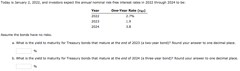 Today is January 2, 2022, and investors expect the annual nominal risk-free interest rates in 2022 through 2024 to be:
Year
One-Year Rate (rRF)
2022
2.7%
2023
1.9
2024
3.8
Assume the bonds have no risks.
a. What is the yield to maturity for Treasury bonds that mature at the end of 2023 (a two-year bond)? Round your answer to one decimal place.
%
b. What is the yield to maturity for Treasury bonds that mature at the end of 2024 (a three-year bond)? Round your answer to
decimal place.
%
