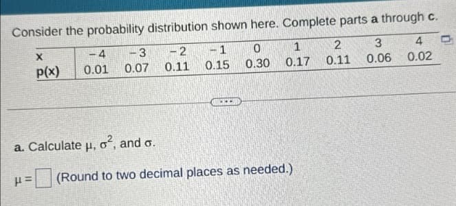 Consider the probability distribution shown here. Complete parts a through c.
X
4
3
-2
1
0
1
2
3
4
p(x)
0.01
0.07 0.11
0.15
0.30
0.17
0.11
0.06
0.02
a. Calculate μ, 2, and σ.
P=
(Round to two decimal places as needed.)