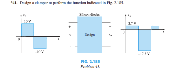*41. Design a clamper to perform the function indicated in Fig. 2.185.
10 V
-10 V
Vi
Silicon diodes
Design
FIG. 2.185
Problem 41.
0
2.7 V
-17.3 V