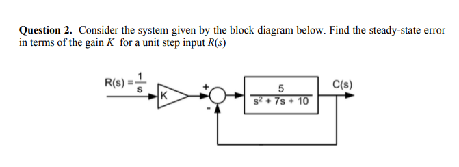 Question 2. Consider the system given by the block diagram below. Find the steady-state error
in terms of the gain K for a unit step input R(s)
R(s) =
C(s)
5
s² + 7s + 10
