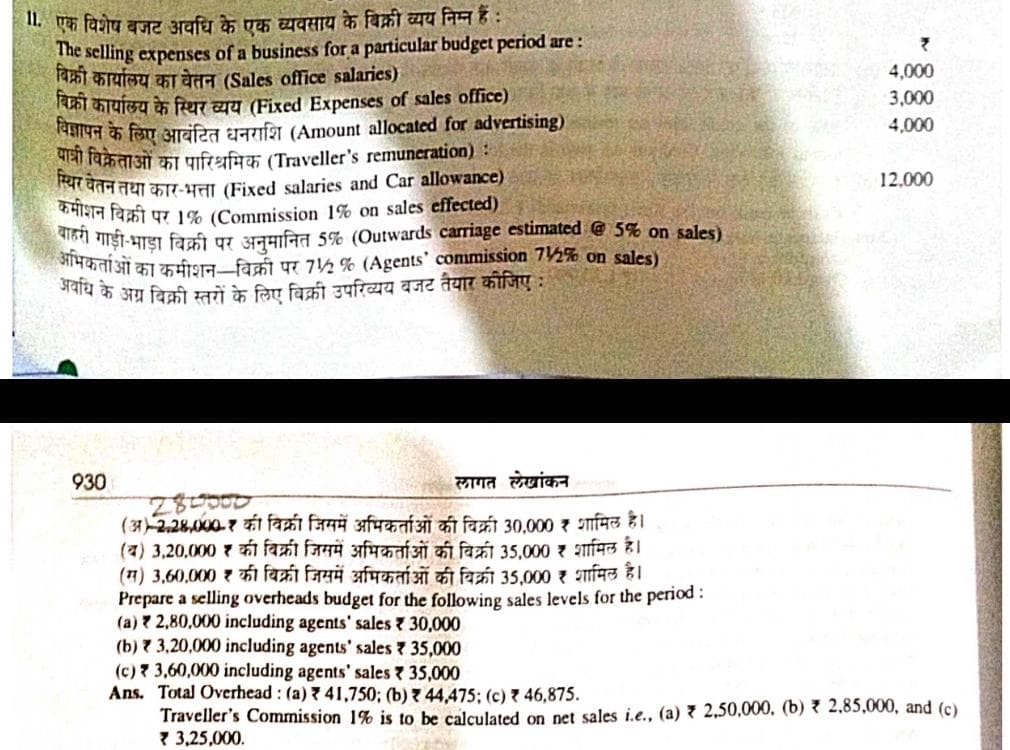 II. एक विशेष बजट अवधि के एक व्यवसाय के बिक्री व्यय निम्न हैं:
The selling expenses of a business for a particular budget period are:
• बिक्री कार्यालय का वेतन (Sales office salaries)
बिक्री कार्यालय के स्थिर व्यय (Fixed Expenses of sales office)
विज्ञापन के लिए आवंटित धनराशि (Amount allocated for advertising)
पात्री विक्रेताओं का पारिश्रमिक (Traveller's remuneration) :
स्थिर वेतन तथा कार भत्ता (Fixed salaries and Car allowance)
कमीशन बिक्री पर 1% ( Commission 1% on sales effected)
बाहरी गाड़ी-भाड़ा बिक्री पर अनुमानित 5% (Outwards carriage estimated @ 5% on sales)
• अभिकर्ताओं का कमीशन-बिक्री पर 7½ % (Agents' commission 72% on sales )
अवधि के अग्र बिक्री स्तरों के लिए बिक्री उपरिव्यय बजट तैयार कीजिए:
930
लागत लेखांकन
280000
(अ)-2,28,000₹ की विक्री जिसमें अभिकर्ताओं की बिक्री 30,000 ₹ शामिल है।
(ब) 3,20,000₹ की बिक्री जिसमें अभिकर्ताओं की विक्री 35,000₹ शामिल है।
(स) 3,60,000 ₹ की बिक्री जिसमें अभिकर्ताओं की बिक्री 35,000 ₹ शामिल है।
Prepare a selling overheads budget for the following sales levels for the period:
(a) ₹2,80,000 including agents' sales ₹30,000
₹
4,000
3,000
4,000
12,000
(b) ₹3,20,000 including agents' sales ₹35,000
(c) ₹3,60,000 including agents' sales ₹35,000
Ans. Total Overhead (a) ₹41,750 (b) ₹44,475 (c) ₹46,875.
Traveller's Commission 1% is to be calculated on net sales i.e. (a) ₹2,50,000 (b) ₹2,85,000, and (c)
3,25,000.