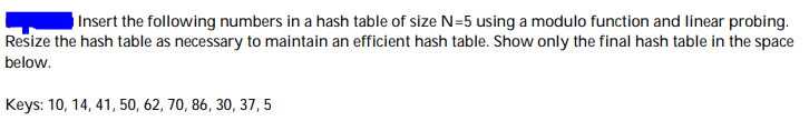Insert the following numbers in a hash table of size N=5 using a modulo function and linear probing.
Resize the hash table as necessary to maintain an efficient hash table. Show only the final hash table in the space
below.
Keys: 10, 14, 41, 50, 62, 70, 86, 30, 37,5
